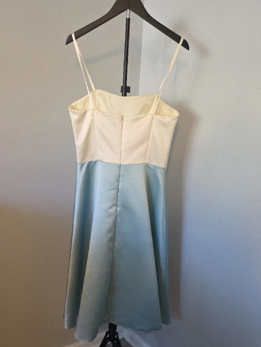 Strapless or Spaghetti Strap Two-Tone Satin Dress in Cream and Light Sage